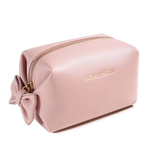 Rownyeon Makeup Bag Cosmetic Travel Toiletry Pouch Bow-knot Cute Handbag Leather Purse for Women Girls,Pink