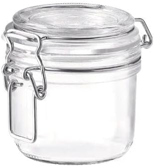 Empty Bormioli Rocco Fido Clear Jar with its lid and metal clamp.