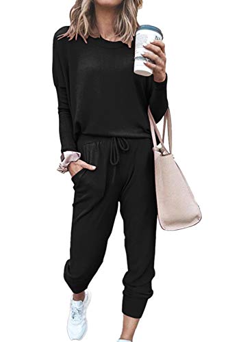 Meenew Women's 2 Piece Outfits Long Sleeve Tops and Pants Set Sweatsuits Black S