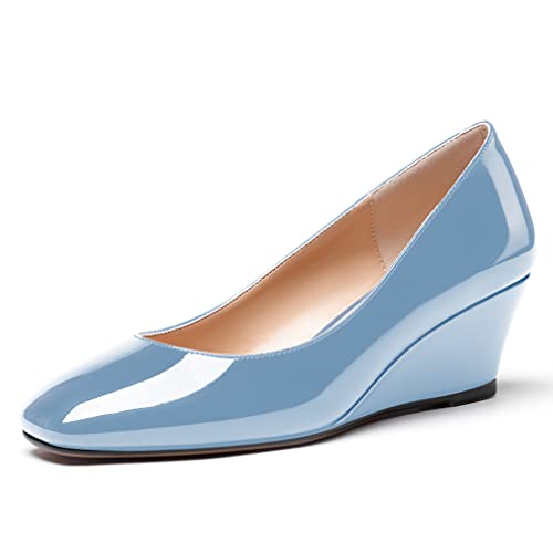 WAYDERNS Women's Slip On Patent Leather Square Toe Low Heel Wedge