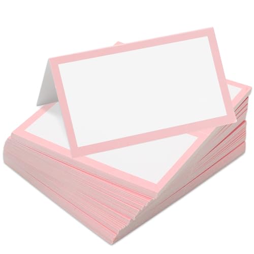 Whaline 100Pcs Blush Pink Place Cards 3.5 x 2 Inch White Blank Tented Cards Wedding Seating Cards for Party Table Setting Supplies