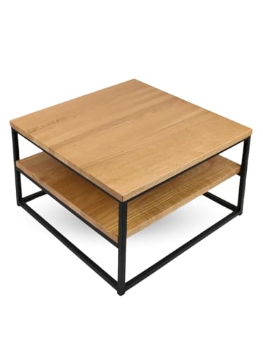 holz4home® Couchtisch aus Eiche mit 2 Platten I 60x60x39,5 cm I 20 mm Massivholz Metall I Wohnzimmertisch Beistelltisch aus Echtholz mit Metallgestell