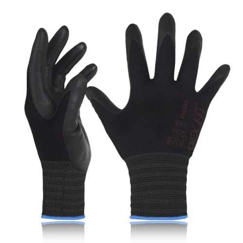 DEX FIT Guantes de Trabajo FN330, Ajuste Cómodo Elástico 3D, Buen Agarre, Recubrimiento de Espuma Duradero de Nitrilo, Táctil, Fino y Ligero, Lavable en la Lavadora; Negro 6 (XS) 1 Par
