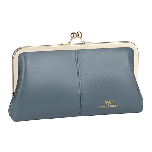 Image of Royal Bagger RFID Kiss Lock Wallet, Solid Color Multi-card Slots Card Holder, Genuine Cow Leather Clutch Purses for Women 1468 (Blue (2468))