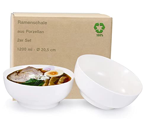 Lot de 2 bols à soupe Shiro - 20,5 cm - En porcelaine blanche - Volume de remplissage jusqu'à 1200 ml - Pour ramen japonais et pâtes pho vietnamiennes - Pour plats, salades et dessert Cover