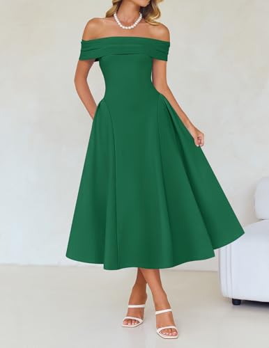 Image of ZESICA Summer 2026 Cocktail Dresses for Women's Off Shoulder Short Sleeve Swing A Line Wedding Evening Party Midi Dress