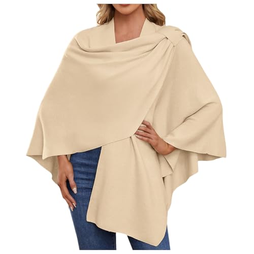 2025 Winter Herbst Damen Poncho mit großer Vorderseite, gestrickt, elegant, für Herbst und Winter, beige, Einheitsgröße