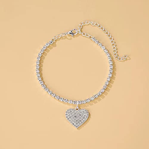 Image of Fesciory Heart Rhinestone Ankle Bracelets for Women, Adjustable Silver Plated Shiny Tennis Anklets, Twinkle Cubic Zircon Imitation Diamond Anklet Foot Chain Jewelry Gifts