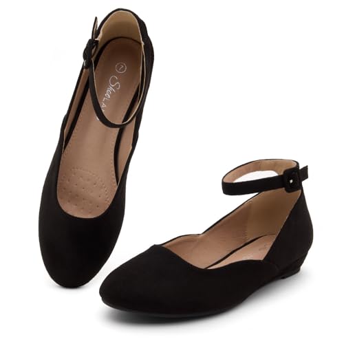 Shoe Land Women’s Flats – Dressy & Comfortable Slip-On Shoes with Low Wedge & Ankle Strap | Round Toe Ballet Flats for Work, Office, Party & Business Casual2