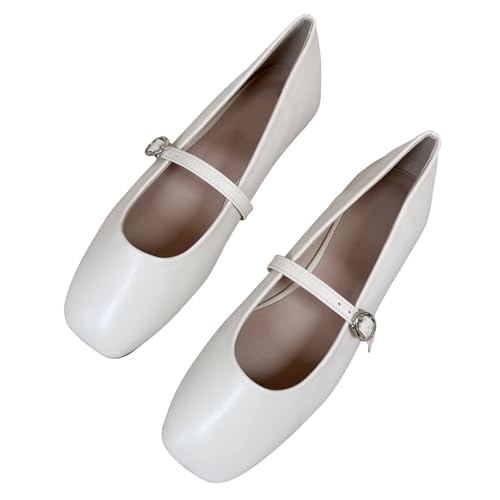 JiangWei Shu Women's Square Toe Flats Mary Jane Ballet Flats Comfortable Work Office Dressy Shoes