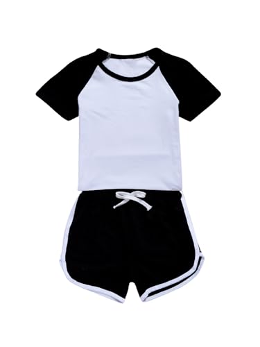 Kids Girls Boys 2-piece Tracksuit Short-sleeve T-shirt With Bowknot Elastic Waist Shorts Activewear Black 5-6 Years