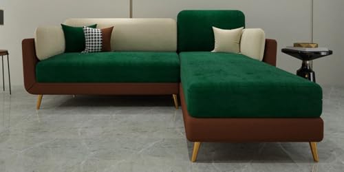 Image of Polyester Velvet Contemperory Sofa Set with Cushion Chaise Lounge, Sectional Sofa Perfect for Your Living Room,Guests Room & Office. (Green & Beige, 4 Seater)