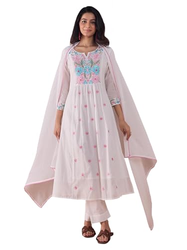Image of INDO ERA Women's Pure Cotton Embroidered A-Line Kurta & Pant with Dupatta Set | Cotton kurta sets for women