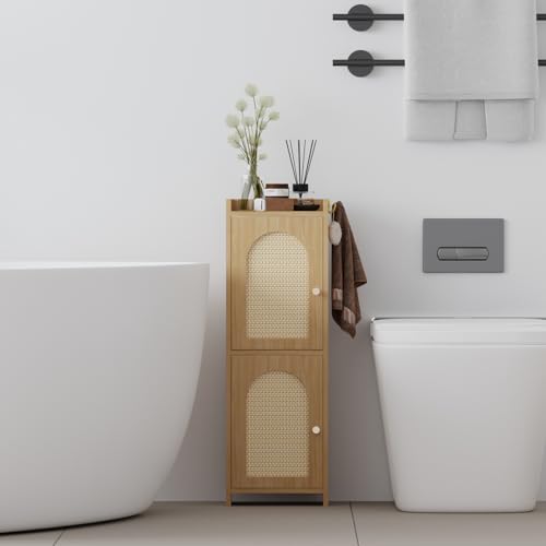 Rattan Bathroom Storage Cabinet Corner Floor Cabinet with 2 Doors and Adjustable Shelf Narrow Toilet Paper Cabinets with 2Hooks Toilet Organizer for Small Spaces 7.87D*9.84W*29.72H Oak