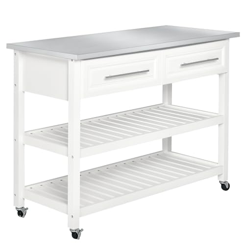 HOMCOM Kitchen Island with Stainless Steel Top, Traditional Kitchen Island with Storage, 2-Tier Open Shelves, Drawers, White