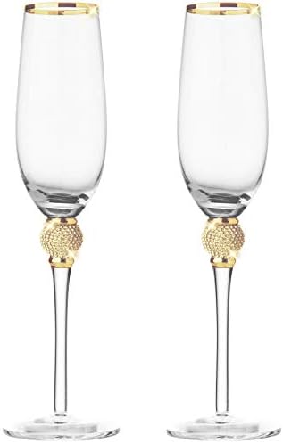 BERKWARE Set of 6 Champagne Glasses - Luxurious Champagne Flutes with Dazzling Rhinestone Design and Gold Rim