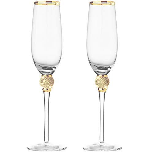 Berkware Set Of 6 Champagne Glasses - Luxurious Champagne Flutes With Dazzling Rhinestone Design And Gold Rim #TOP1