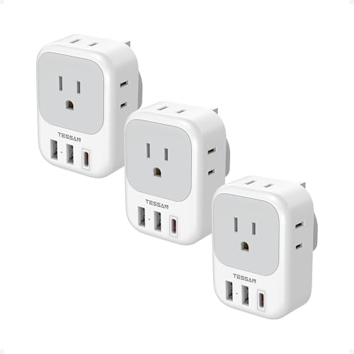 Type G Adapter for Travel 3 Pack TESSAN US to UK Plug Adapter with 4 Outlets 3 USB Ports (1 USB C 20W) Ireland Power Adaptor for USA to England London Scotland Dubai Singapore Hong Kong British UAE