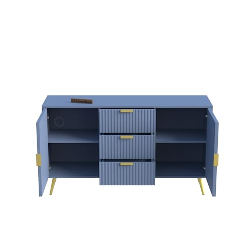 Image of Wooden Sideboard Cabinet for Living Room | Side Board with 3 Drawers & 2 Doors Cabinet Storage for Dining, Drawing and Home Office | HDMR Premium Wood & Iron | Dark Grey & Golden
