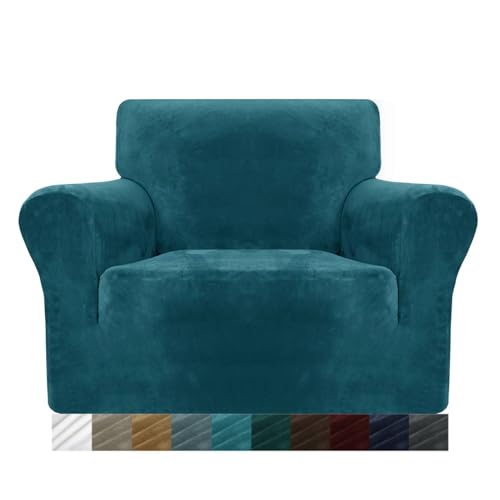 MAXIJIN Housse de canapé de protection en velours épais super extensible antidérapant pour animaux domestiques pour fauteuil 1 place avec accoudoirs Vert...