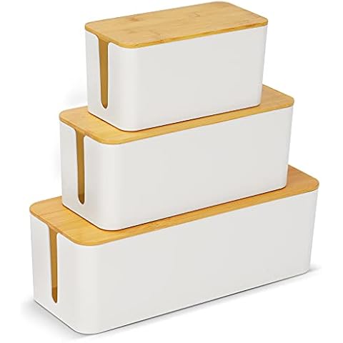 Cable Tidy Box, 3 Larger Cables Organised Box, Cable Storage Box with Bamboo Lid for Hiding Messy Cables Wire Management 16"x 6.2"x 5.4" and 12.6"x 5.3"x 5.1" and 9.2"x 4.7"x 4.7" Cover