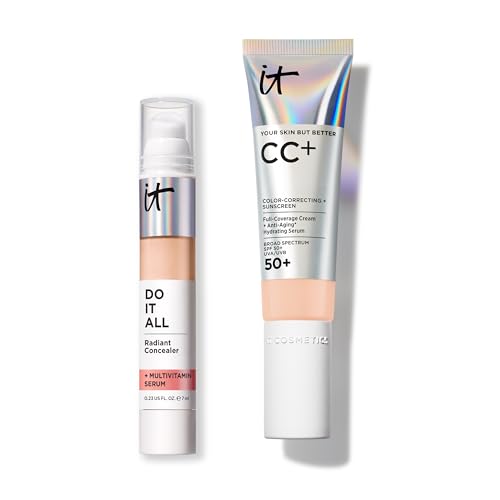 IT Cosmetics CC+ Cream with SPF 50+ Natural Finish Full Coverage Foundation (Fair Light - 1.08 fl oz) & Do It All Radiant Concealer Multivitamin Serum Makeup (210 Light Neutral - 0.2 fl oz)