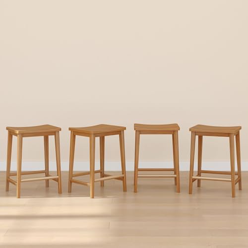 Plank+Beam Smythe Counter Stool, 24', Set of 4, Sturdy Wood Modern Kitchen Counter Height Stool, Saddle Seat Backless Counter Chair, Metal Footrest, Pecan