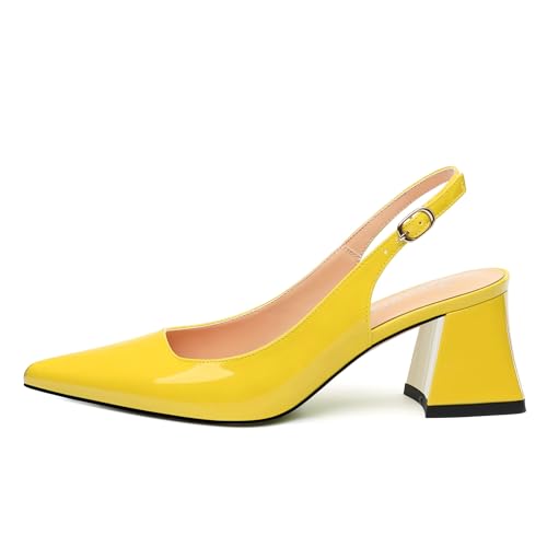 Women's Slingback Mid Block Heel Pumps Patent Pointed Toe Chunky Heels Adjustable Strap Comfort Wedding Dress Pumps Shoes 2.5 Inch2