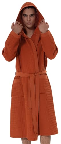 SEYANTE Turkish Cotton Waffle Robe for Men &ndash; Organic GOTS Certified Spa Bathrobe, Hooded Style, Soft Cotton Bathrobe &ndash; Terra Cotta, Size XX-Large
