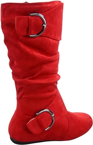 Image of Forever Link Women's Klein-70 Closed Round Toe Buckle Slouch Flat Heel Mid-Calf Boot