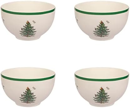 Spode Christmas Tree Collection Rice Bowl, set of 4, 6-Inches, Round, Ceramic Bowl for Soup, Frozen Meals, Stews, and Sticky Rice Dinners, Dishwasher and Microwave Safe