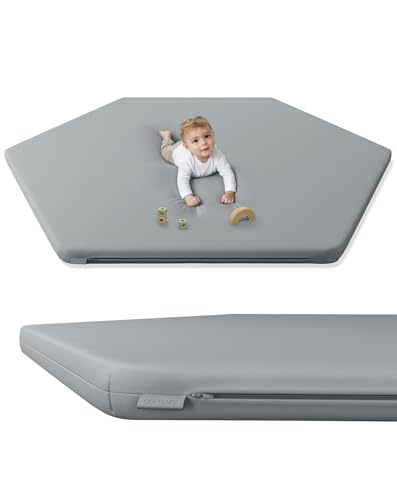 COMOMY Veganes Leder Krabbelmatte Baby, 132x114x3 cm Krabbeldecke für Baby, Extra Dicke und Weiche Schaum Spielmatte Baby Kinder, Wasserdicht & Rutschfeste Baby Play Mat für Laufstall (Hellgrau)