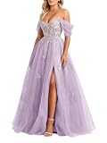 Stanjiehu Women’s Tulle Embroidery Applique Prom Dresses 2025 Lilac A-Line Sparkly Corset Ball Gown Off the Shoulder Strapless Formal Evening Party Gown with Slit US8