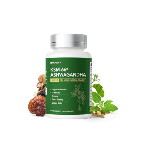 GlowEver KSM-66 Ashwagandha Supplements with L-Theanine Moringa Organic Mushrooms Complex Ginseng Ginkgo Biloba – Mood & Energy Support, Cortisol Manager, Immune Support, 60 Vegan Capsules