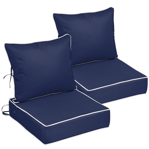 Image of 24x24 Outdoor Chair Cushions Set of 2, Waterproof Deep Seat Cushions for Patio Furniture with Removable Cover, Fade Resistant 4'' Outdoor Seat Cushion with Ties Handle for Sofa Couch,Navy White Piping