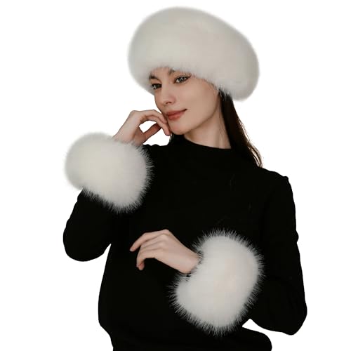 Faux Fox Fur Scarf Set - Soft Fluffy Headband & Arm Warmers(Faux Fur Cuff) - Winter Women's Accessories, 2-Piece/3-Piece (2pc White, One Size)