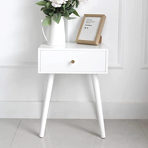White Mid Century Modern Nightstand, Wood End Table for Living Room, Bed Side Table, Night Stand with Drawer, Sturdy Construction, Easy Assembly