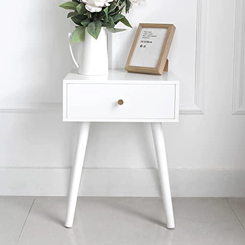 White Mid Century Modern Nightstand, Wood End Table For Living Room, Bed Side Table, Night Stand With Drawer, Sturdy Construction, Easy Assembly #TOP20