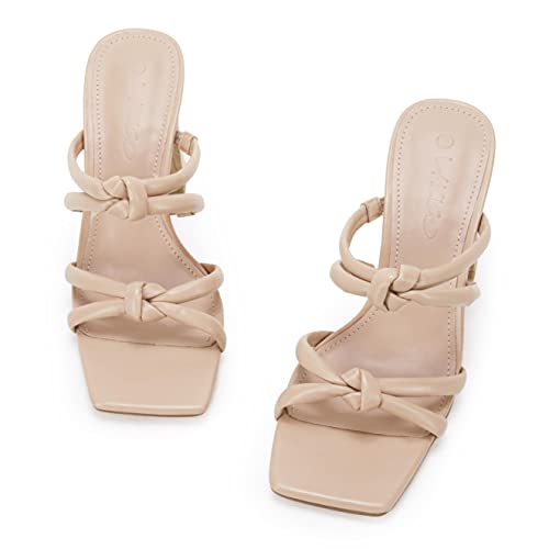 Image of LAICIGO Womens Chunky Block Heels Sandals Square Open Toe Slip on Slides | 3.5In-High Heeled Sandals, Double Knot Strap, Summer Dress Shoes, Work Casual, Vacation, Party