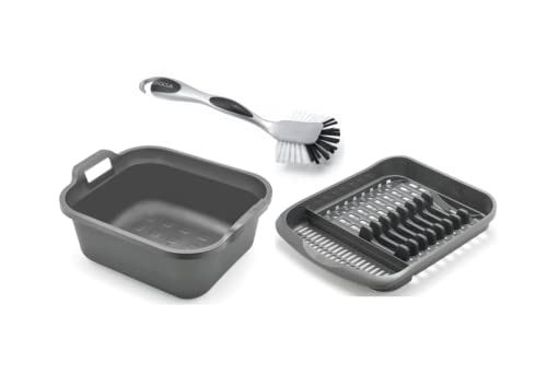 Addis Sink Set of 3 Twin Handle Washing up bowl, Plate draining rack and Ultra Grip Dish brush, Metallic
