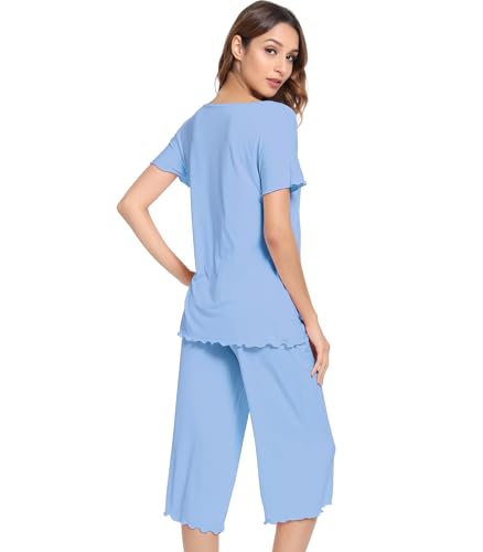 Image of NACHILA Women's Bamboo Viscose Pajama Sets Summer Cooling Short Sleeve Capri Soft Pjs Night Sweats Moisture Wicking Sleepwear