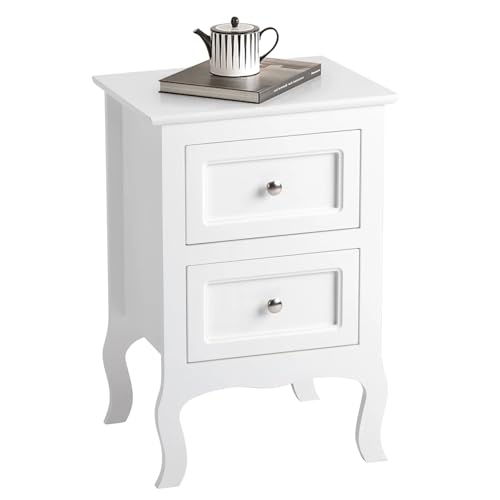 TactFire Table de Chevet Table de Nuit Blanche avec 2 Tiroirs, Chevet de Lit Bois, Commode Chambre 40 x 30 x 60cm (1)