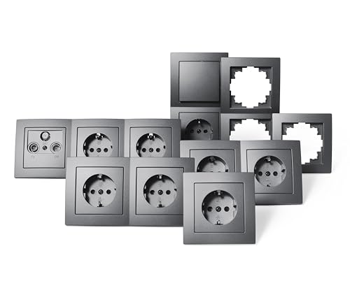 MC POWER - FLAIR - Wand Steckdosen und Schalter Set | Arbeitszimmer | 17-teilig | anthrazit, matt