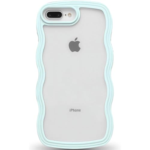 Image of GoldKart iPhone 7 Plus / 8 Plus Case Wavy Edge Clear Back Design, Anti-Slip Grip Cute Wave Curly Frame Shape Shockproof Soft TPU & Hard PC Bumper Protective Phone Case Cover for Women Girls Blue