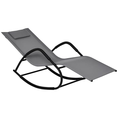 Outsunny Rocking Chair, Zero Gravity Patio Chaise Sun Lounger, Outdoor Rocker, UV Water Resistant, Pillow for Sunbathing, Lawn, Garden or Pool, Gray