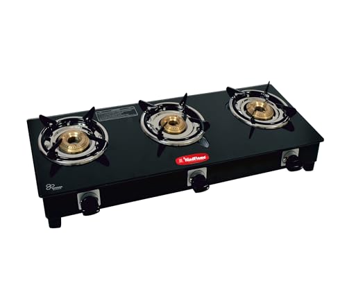 Hindflame 3 Burner Straight Line Black Toughened Glass LPG Cooktop, Manual Ignition Gas Stove with 1 Year Warranty (ISI Approved)