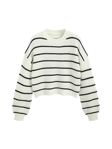 CIDER Women’s Cropped Striped Sweater Long Sleeve Crew Neck Trendy Pullover Tops