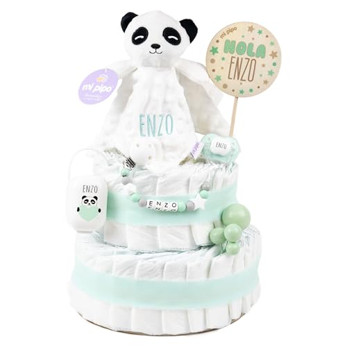 Mi Pipo - Tarta de Pañales Personalizada con Dou Dou - Panda Menta | con 44 Pañales Talla 2 | Regalo Bebé Recién Nacido con Accesorios para el Bebé | Baby Shower Unisex