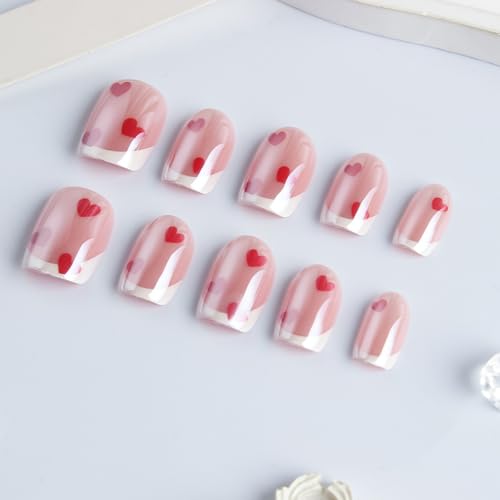 Image of White French Tip Press on Nails Heart Fake Nails Short Square False Nail Press ons Chrome with Design Reusable Glossy Full Cover Stick on Nail for Women Girls Manicure 24Pcs
