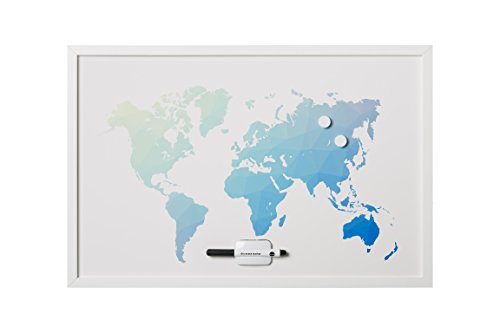 Tableau blanc carte mondiale magnétique Bi-Office de 60x40cm avec un élégant cadre en MDF blanc